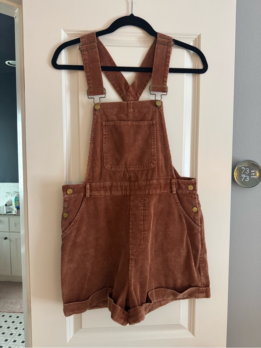 Sage Corduroy Short Overalls in Rust Orange/Brown